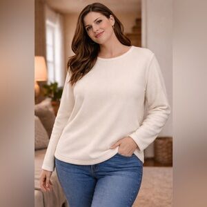 Lands’ End Cream Fleece Pullover Large 14-16 Soft Cozy Long Sleeve